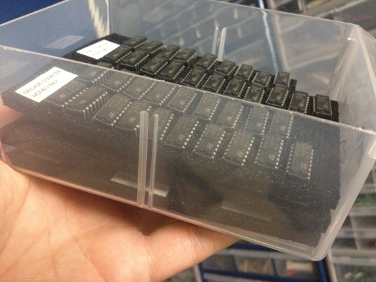 Logic ICs stacked on ESD foam, labeled for a quick find